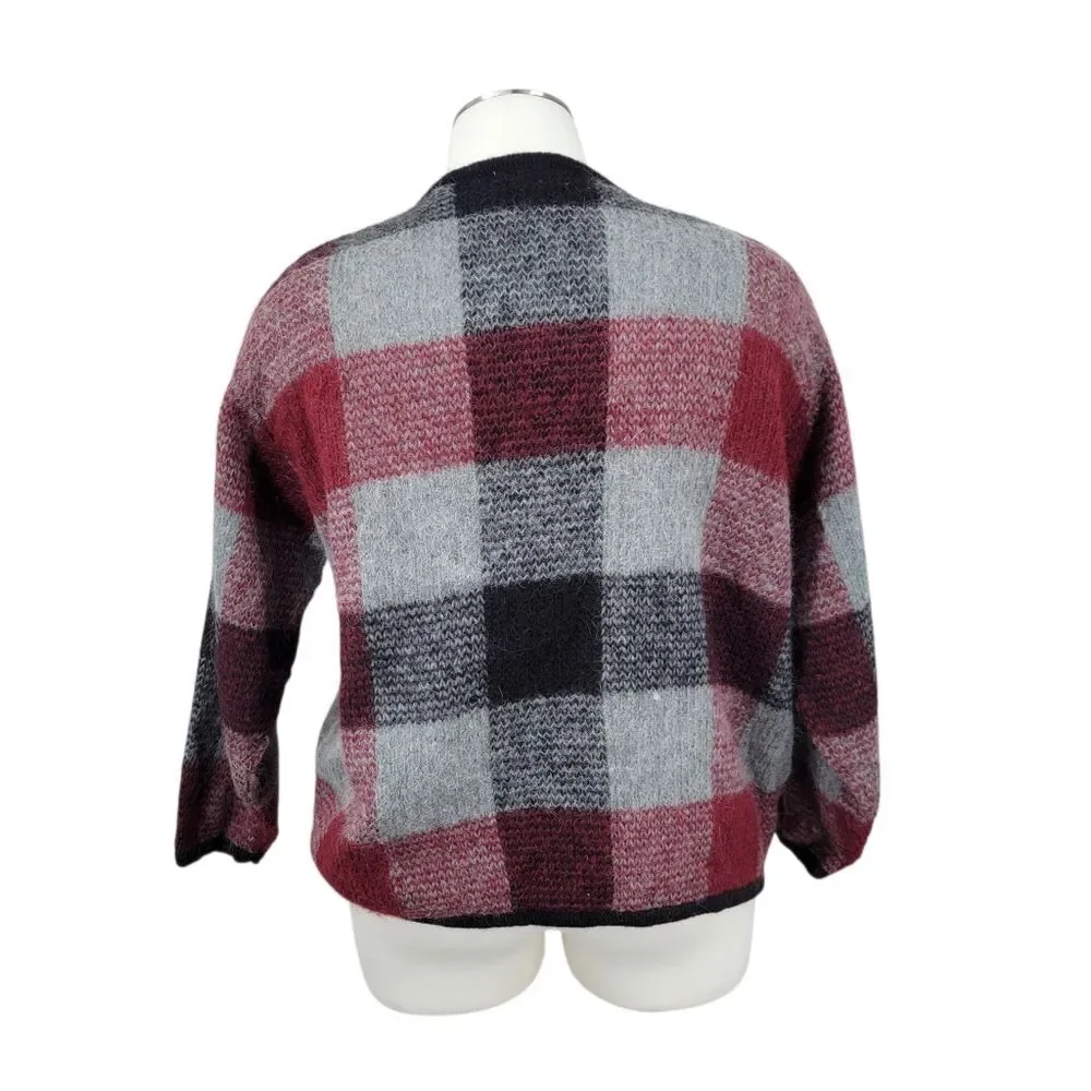 Dressbarn Mohair Blend Plaid Knit Cardigan in Red and Gray Vintage